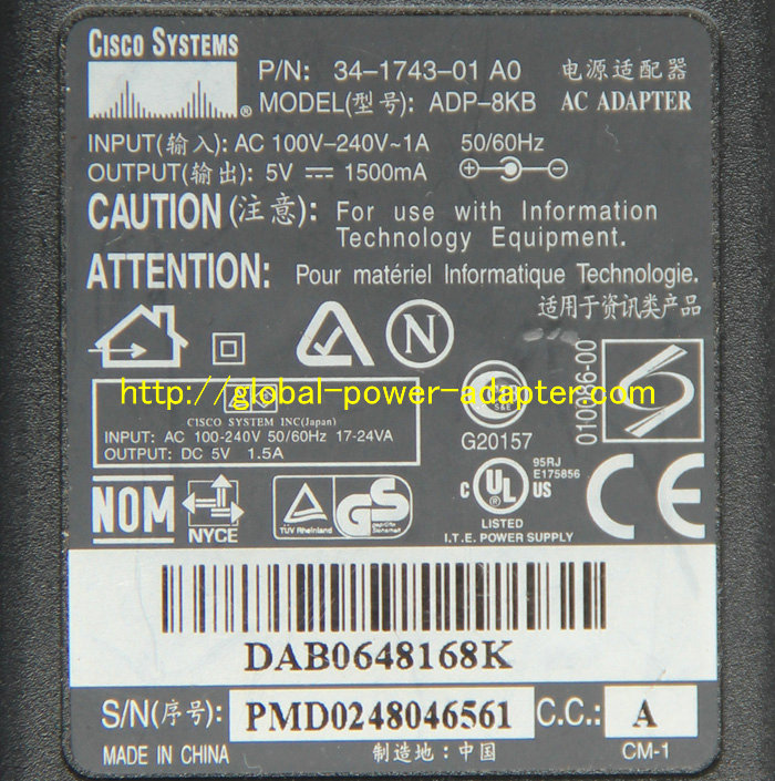 *Brand NEW*5V 1.5A AC DC Adapter Cisco 34-1743-01 A0 ADP-8KB POWER SUPPLY - Click Image to Close